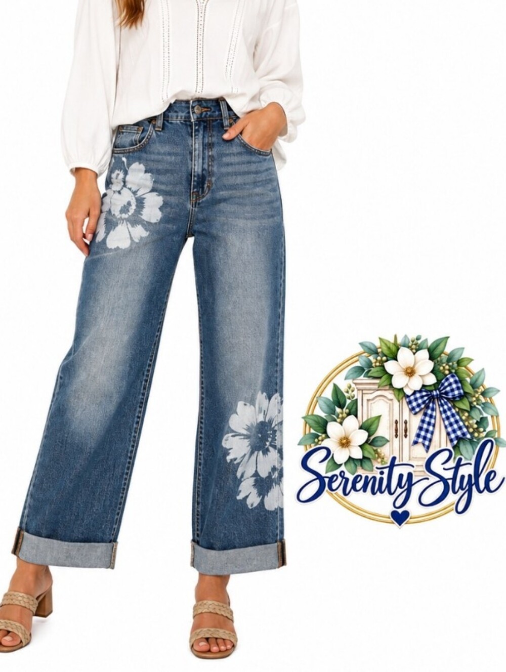 Jessica Simpson Zinnia Size 6 Floral Wide Leg Boyfriend Casual Jeans Cuffed